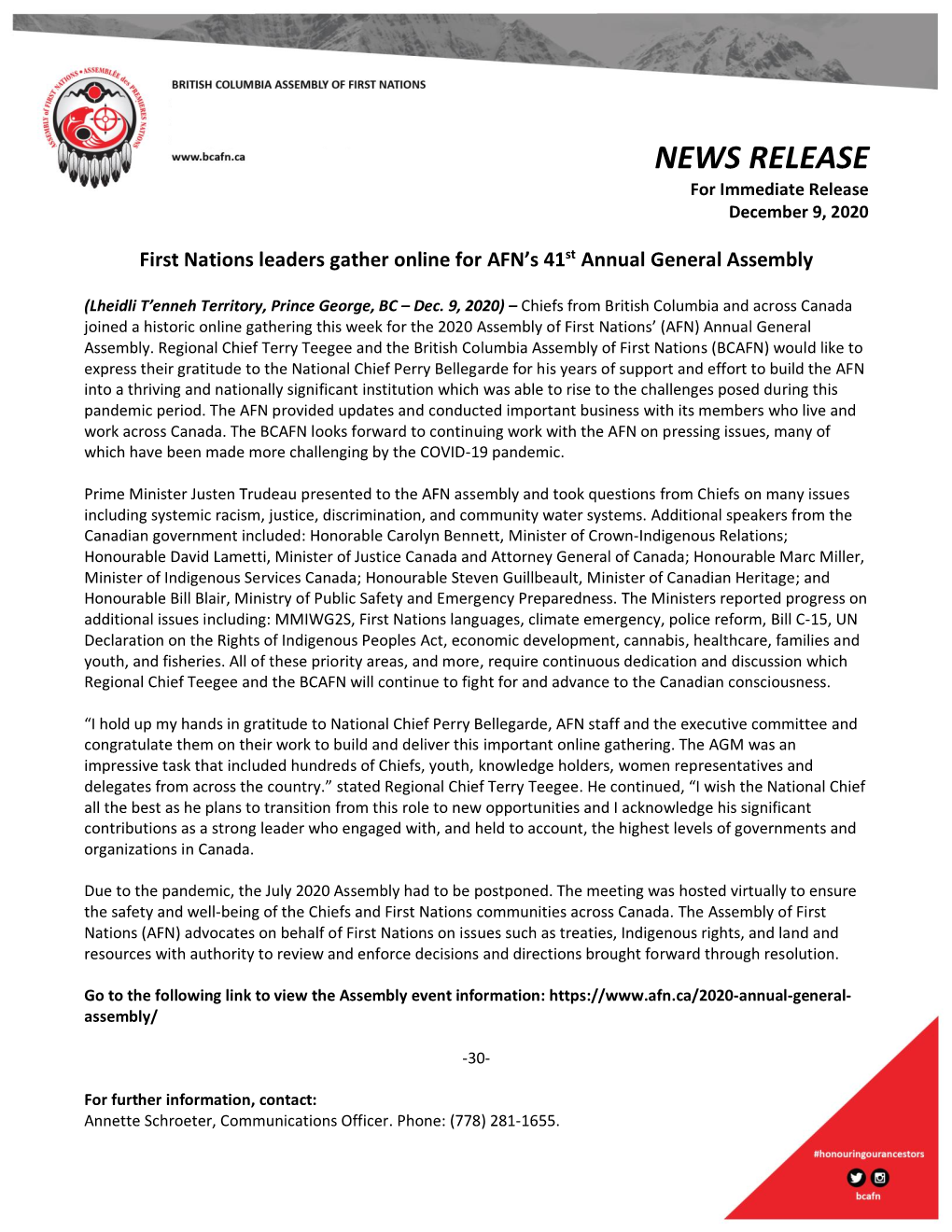 NEWS RELEASE for Immediate Release December 9, 2020