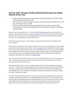 All-New 2017 Chrysler Pacifica Named North American Utility Vehicle of the Year