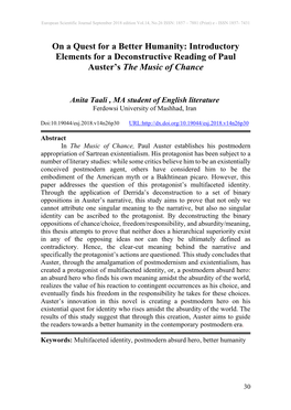On a Quest for a Better Humanity: Introductory Elements for a Deconstructive Reading of Paul Auster’S the Music of Chance