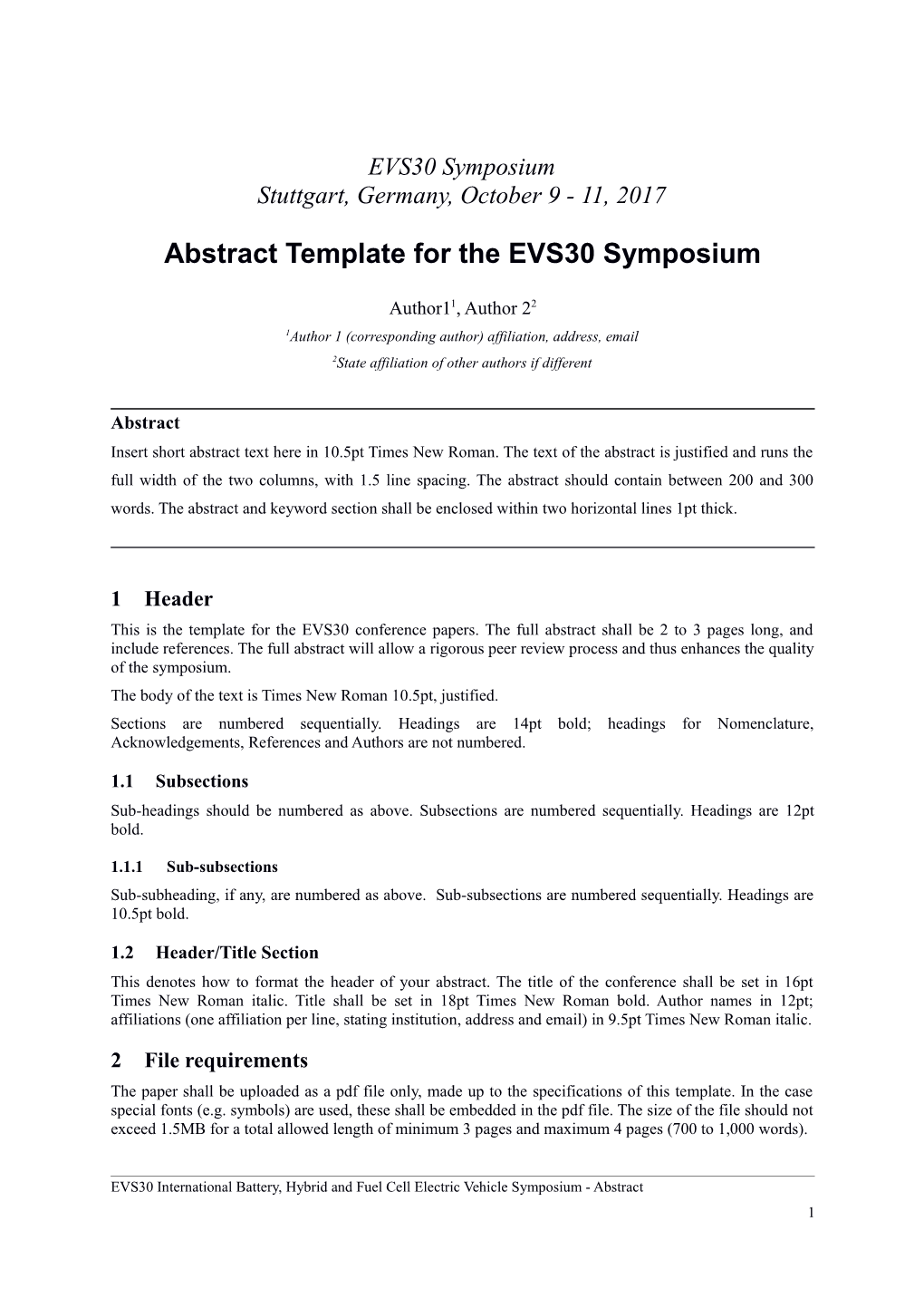 Abstract Template for the EVS30 Symposium