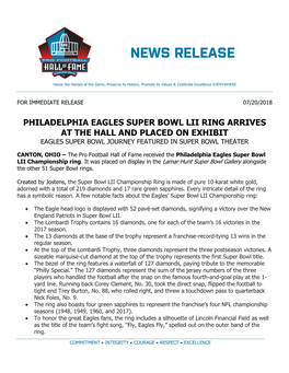 Philadelphia Eagles Super Bowl Lii Ring Arrives at the Hall and Placed on Exhibit Eagles Super Bowl Journey Featured in Super Bowl Theater
