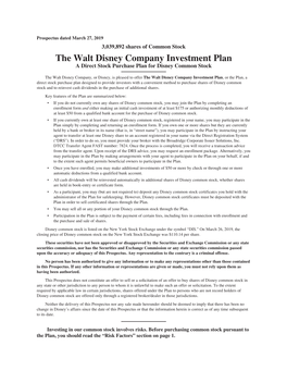 The Walt Disney Company Investment Plan a Direct Stock Purchase Plan for Disney Common Stock