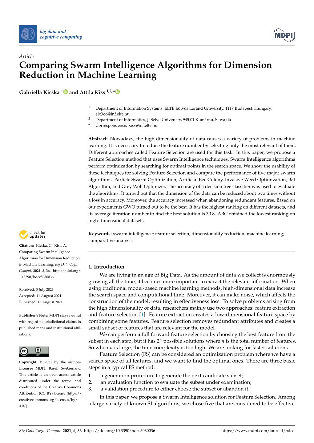 Comparing Swarm Intelligence Algorithms for Dimension Reduction in Machine Learning