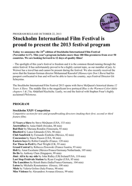 Stockholm International Film Festival Is Proud to Present the 2013 Festival Program