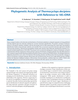 Phylogenetic Analysis of Thermocyclops Decipiens with Reference to 18S Rdna