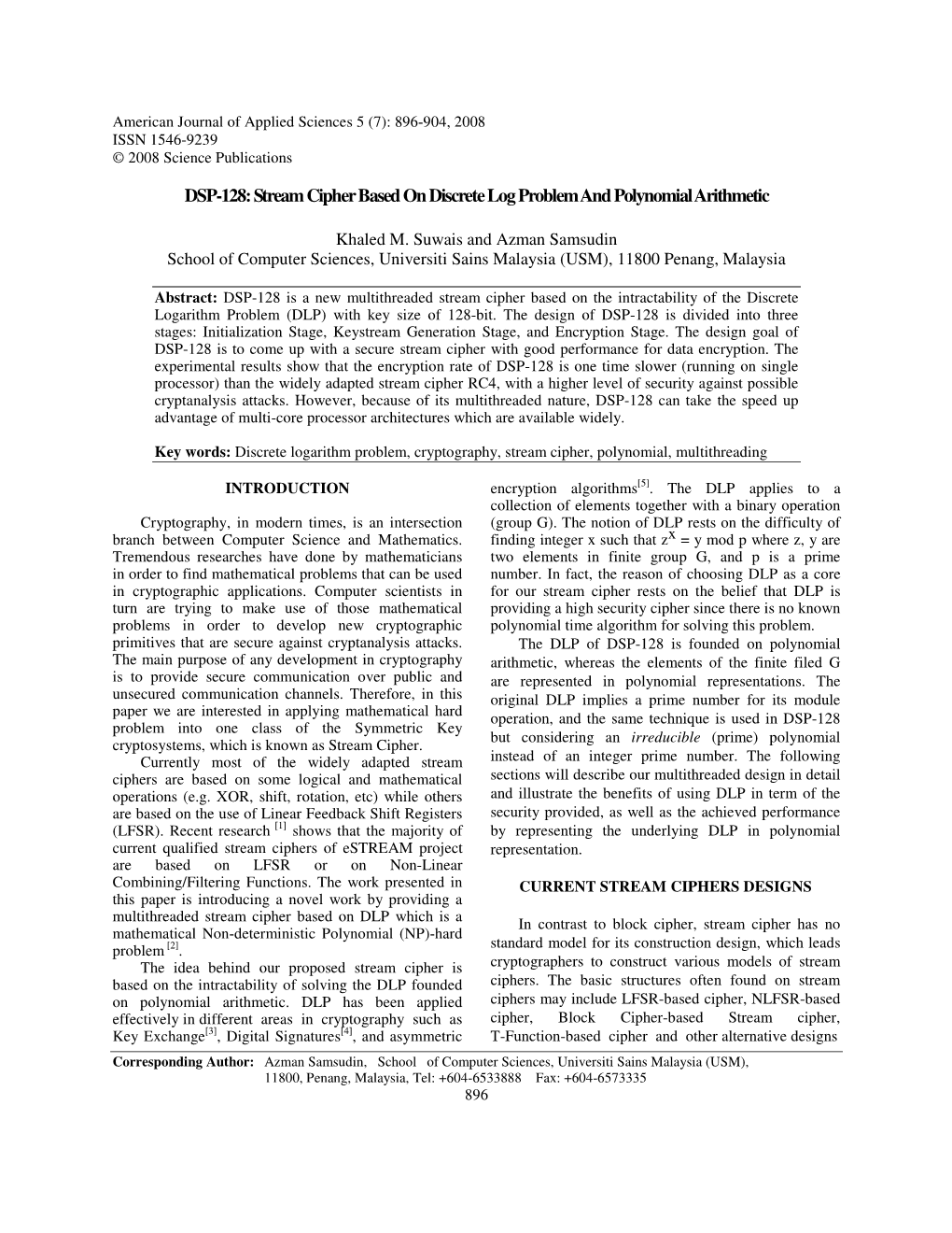 DSP-128: Stream Cipher Based on Discrete Log Problem and Polynomial Arithmetic