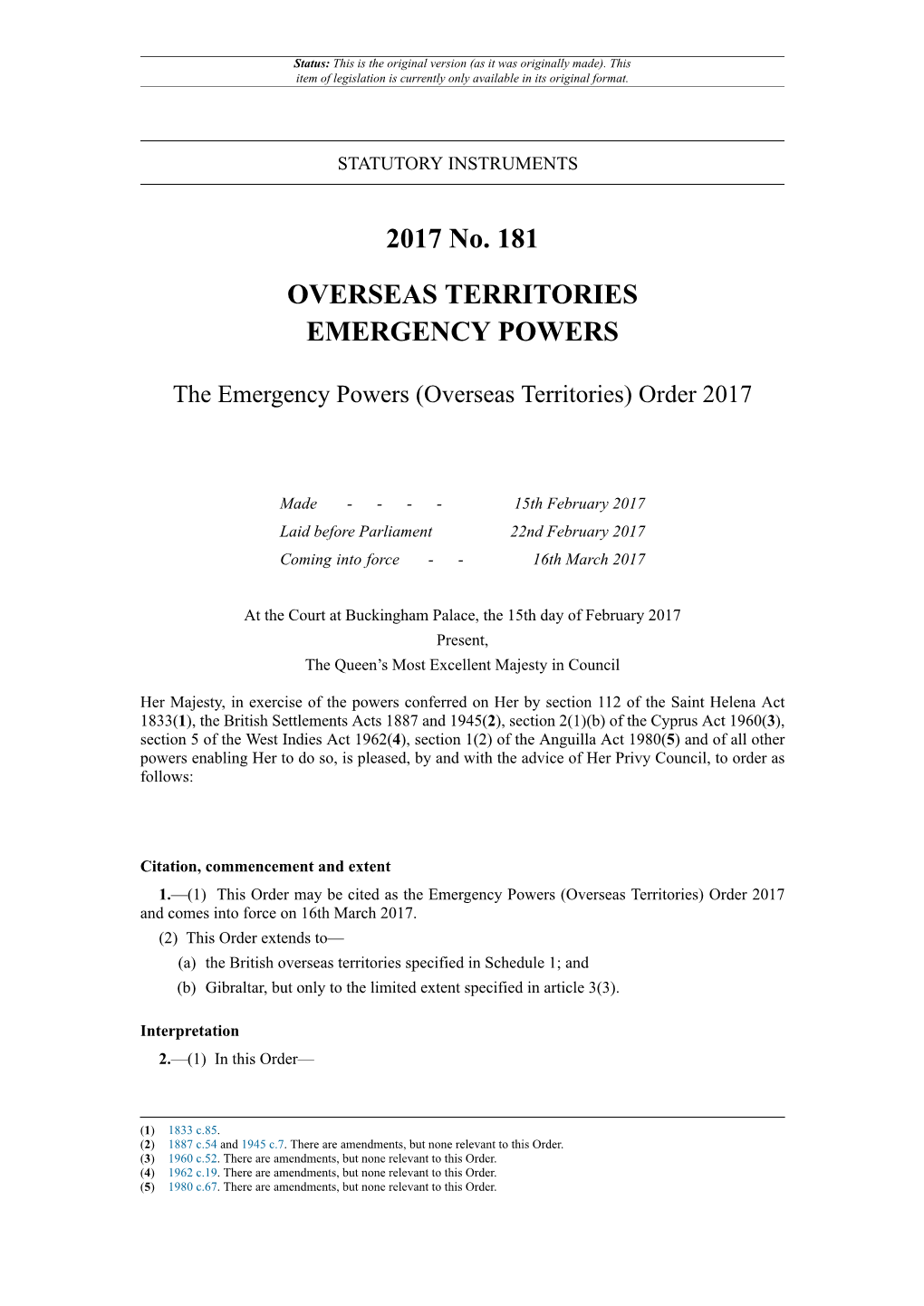 The Emergency Powers (Overseas Territories) Order 2017