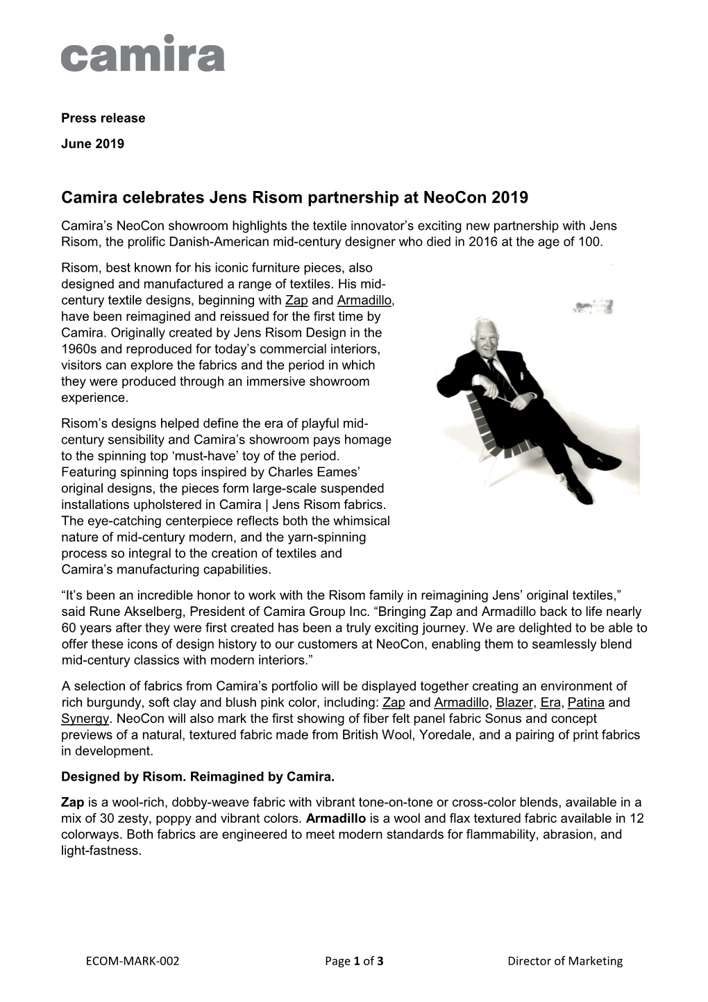 Camira Celebrates Jens Risom Partnership at Neocon 2019