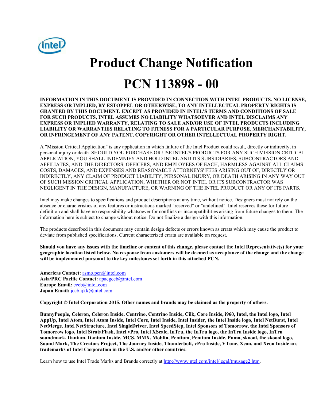 Product Change Notification PCN 113898