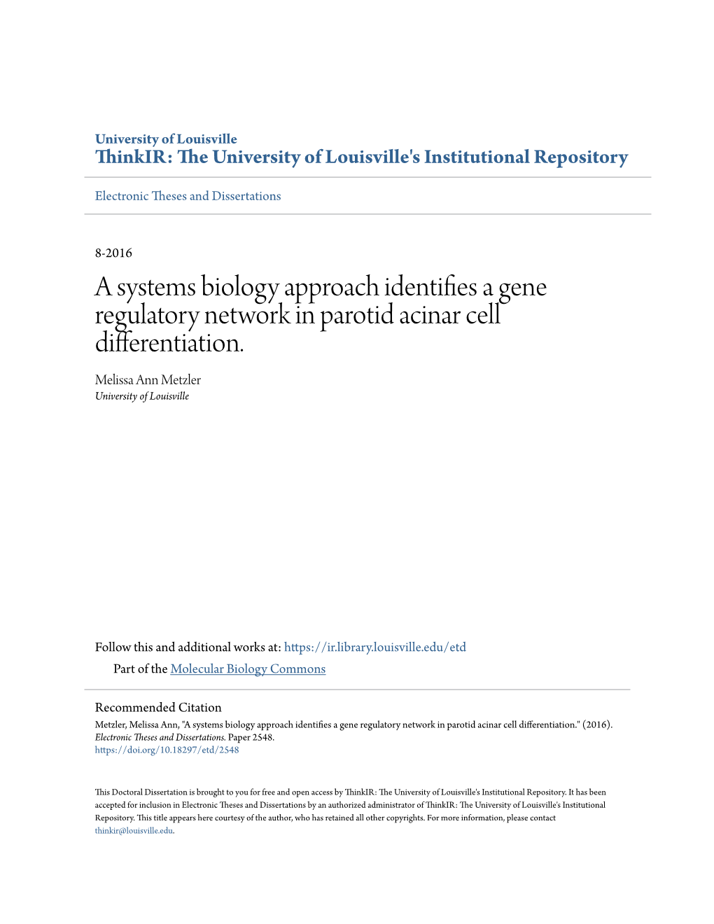 A Systems Biology Approach Identifies a Gene Regulatory Network in Parotid Acinar Cell Differentiation