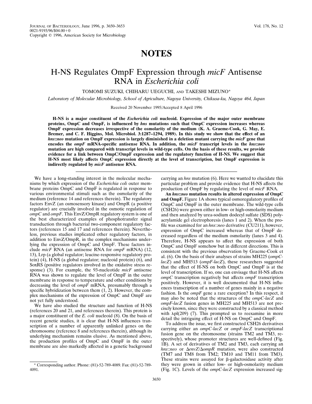 H-NS Regulates Ompf Expression Through Micf Antisense RNA in Escherichia Coli