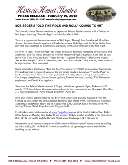 Bob Seger's "Old Time Rock and Roll" Coming to Hht