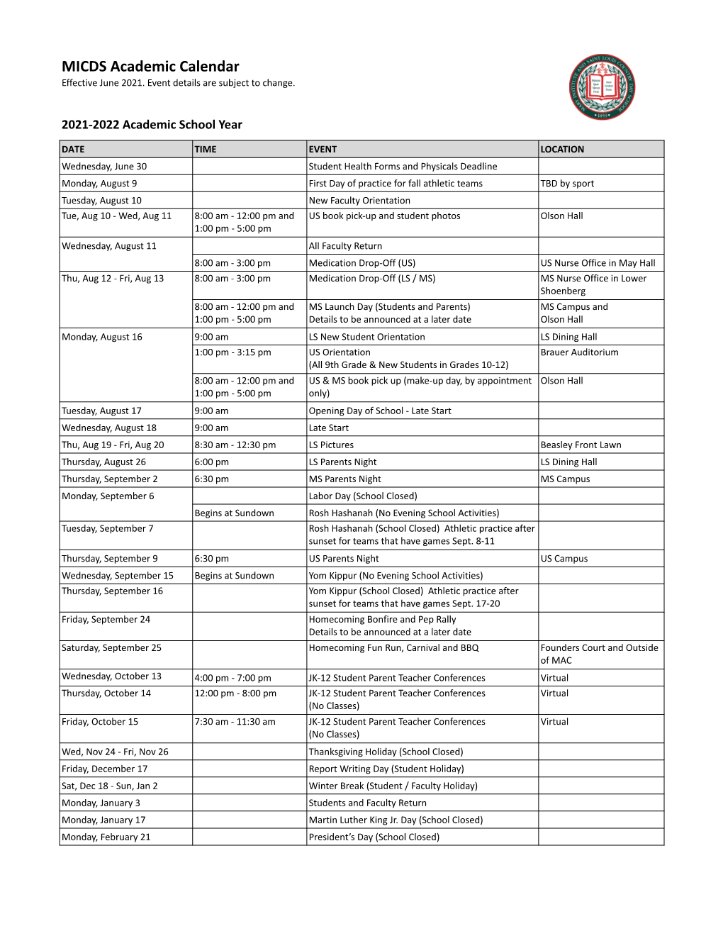 2021 22 And 2022 23 MICDS Academic Calendars DRAFT DocsLib