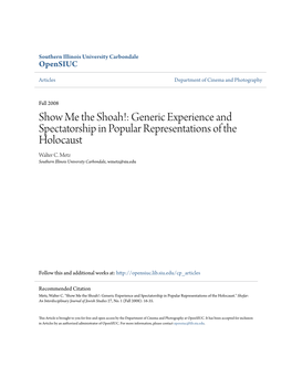 Generic Experience and Spectatorship in Popular Representations of the Holocaust Walter C