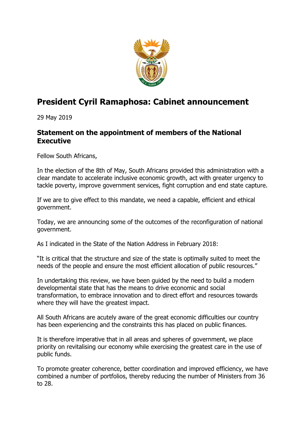 President Cyril Ramaphosa: Cabinet Announcement