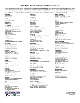 2009 Zoo & Aquarium Reciprocal Admissions List