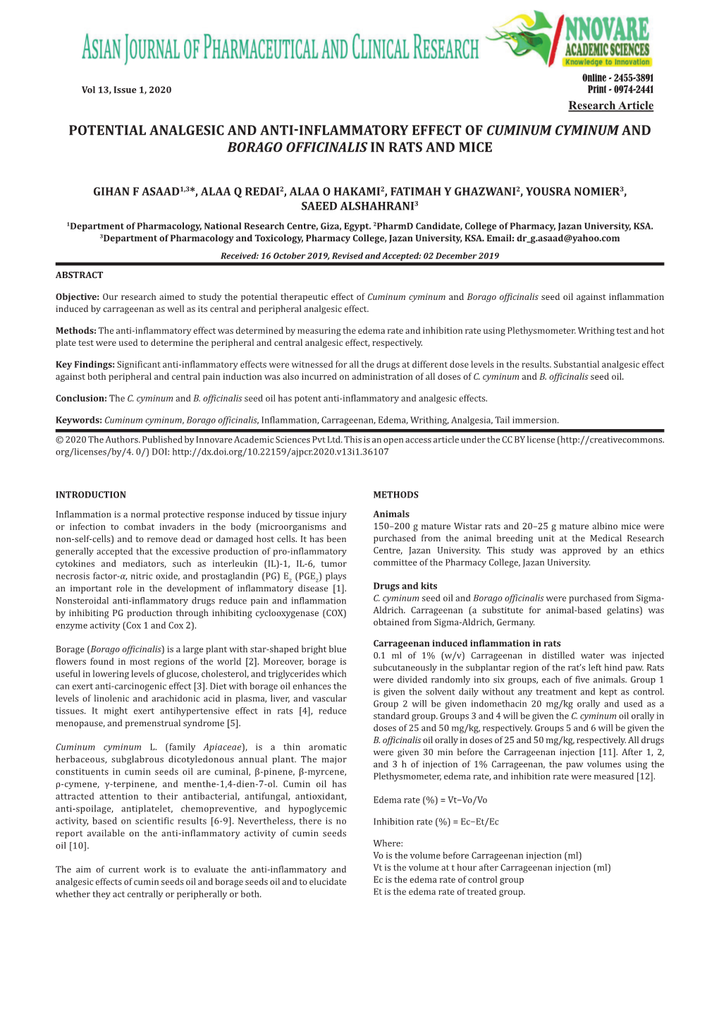 Potential Analgesic and Anti-Inflammatory Effect of Cuminum Cyminum and Borago Officinalis in Rats and Mice