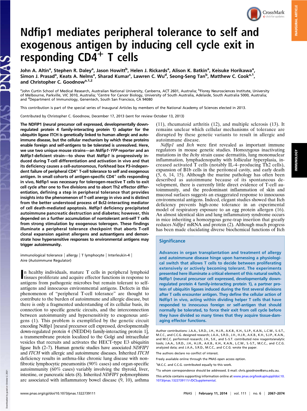Ndfip1 Mediates Peripheral Tolerance to Self and Exogenous Antigen by Inducing Cell Cycle Exit in Responding CD4 T Cells