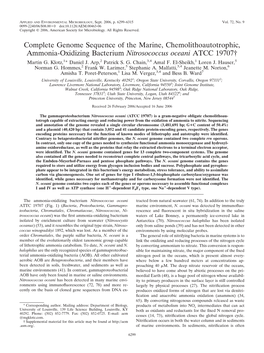 Complete Genome Sequence of the Marine, Chemolithoautotrophic, Ammonia-Oxidizing Bacterium Nitrosococcus Oceani ATCC 19707† Martin G