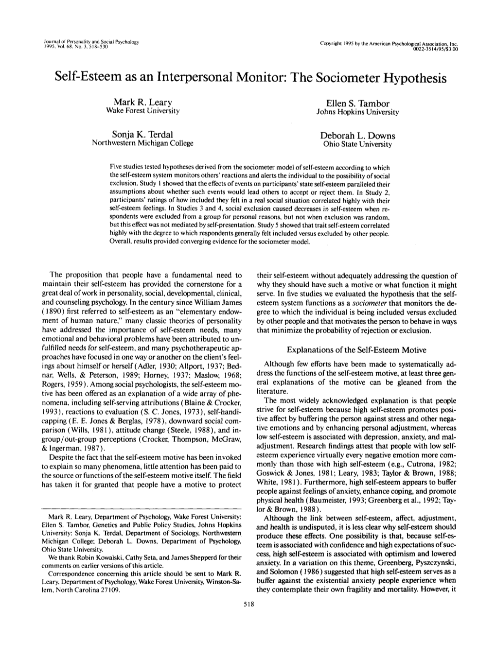 Self-Esteem As an Interpersonal Monitor: the Sociometer Hypothesis