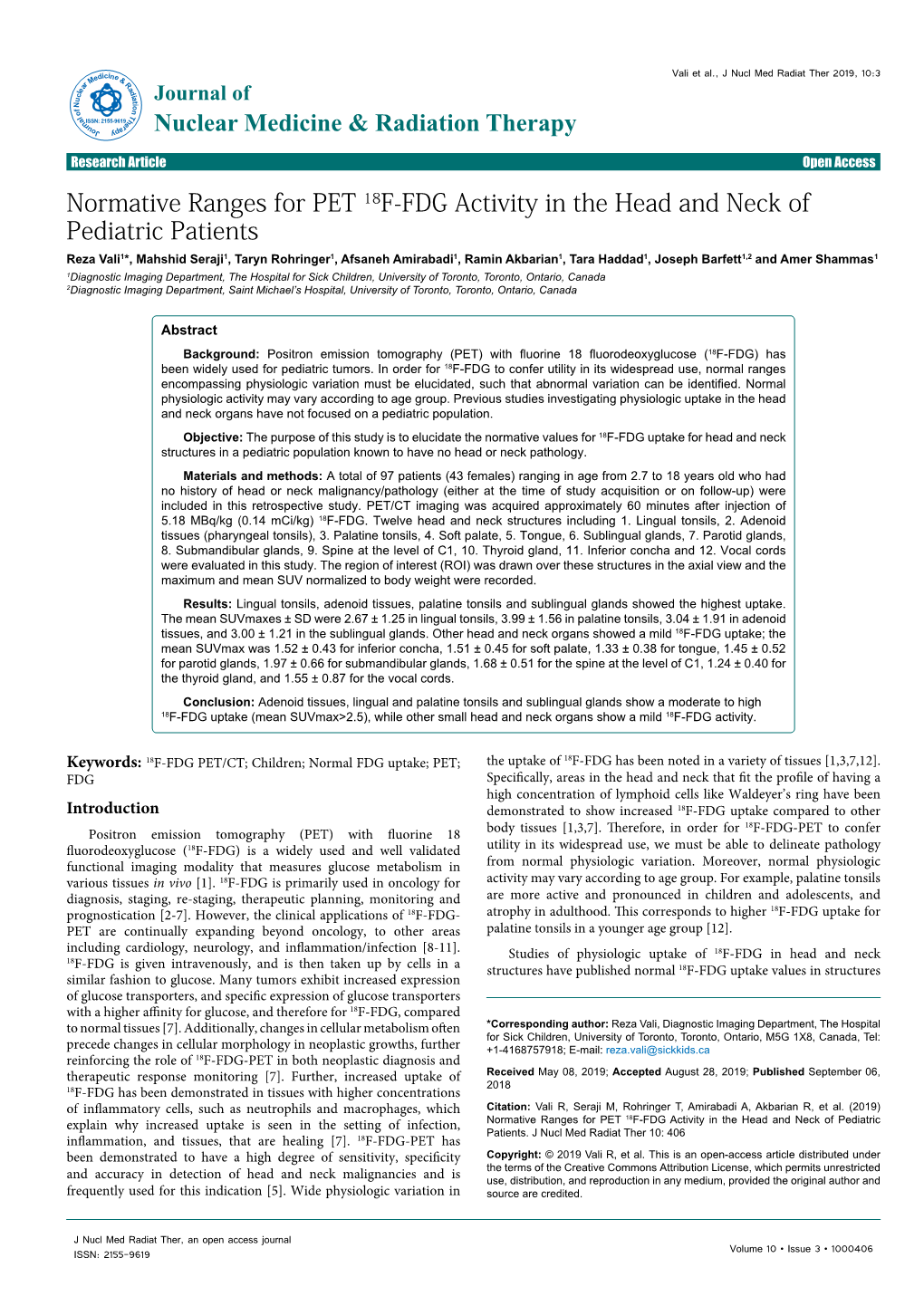 Normative Ranges for PET 18F-FDG Activity in the Head and Neck Of