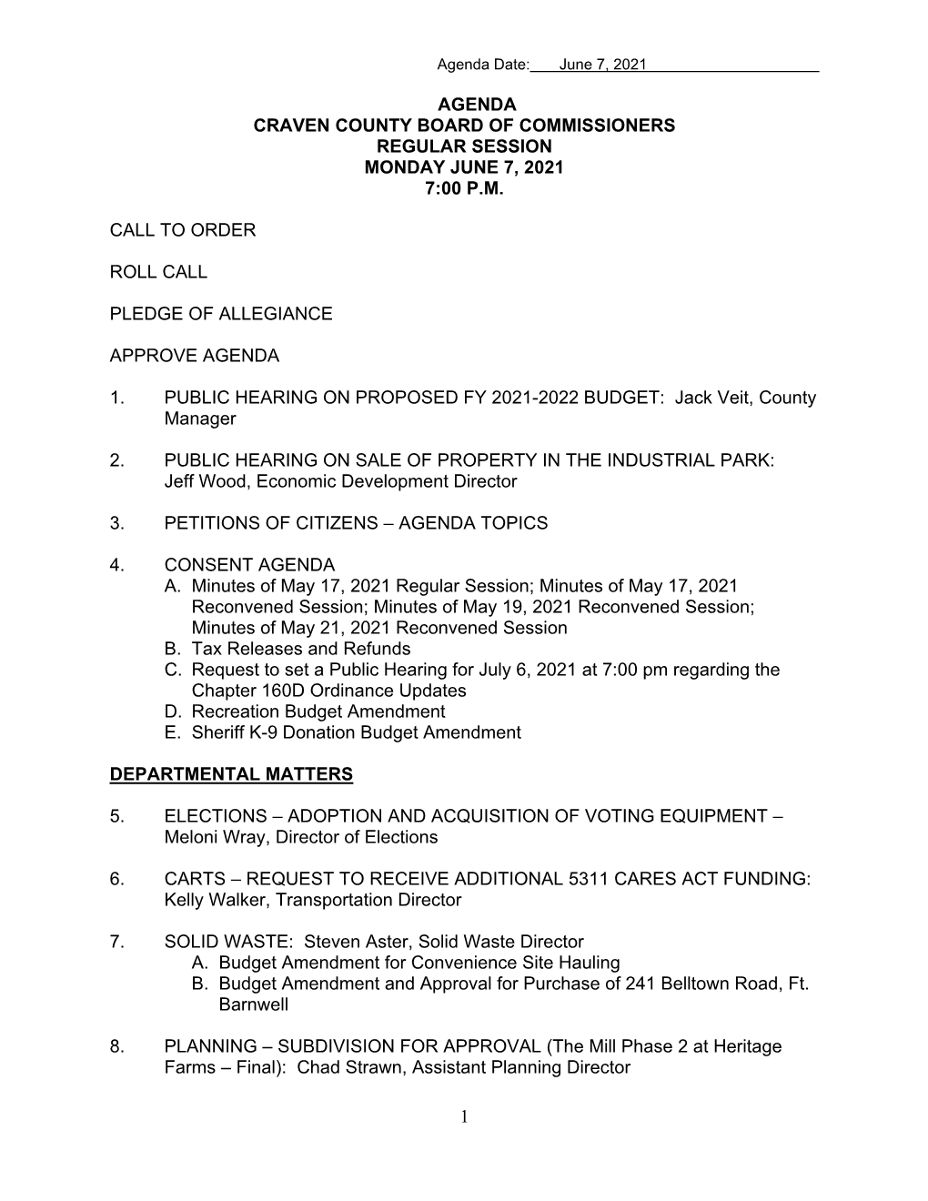 1 Agenda Craven County Board of Commissioners