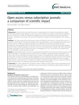 Open Access Versus Subscription Journals: a Comparison of Scientific Impact Bo-Christer Björk1* and David Solomon2