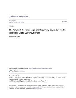 Legal and Regulatory Issues Surrounding the Bitcoin Digital Currency System