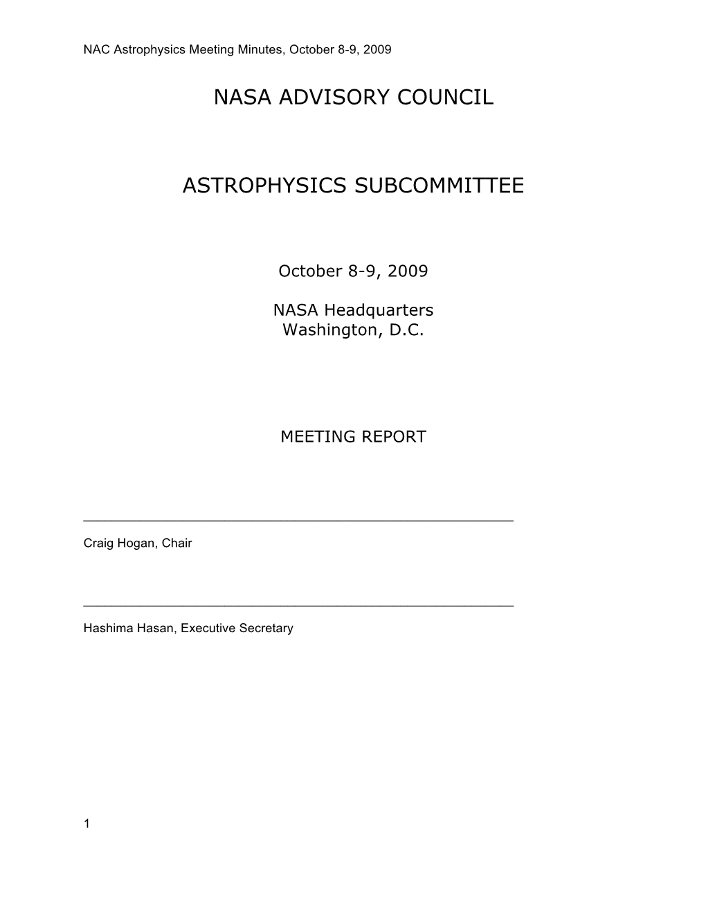 Nasa Advisory Council Astrophysics Subcommittee