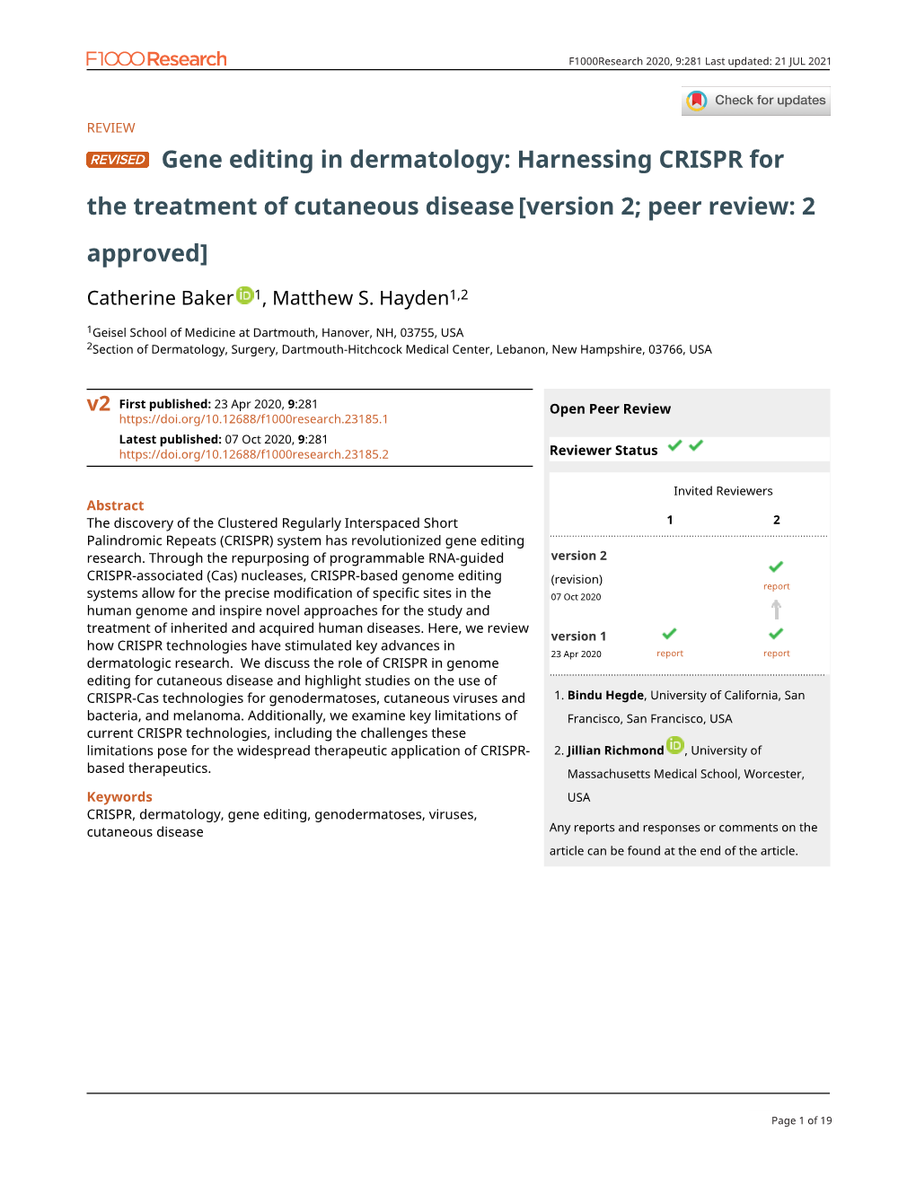 Gene Editing in Dermatology: Harnessing CRISPR for the Treatment of Cutaneous Disease [Version 2; Peer Review: 2 Approved]