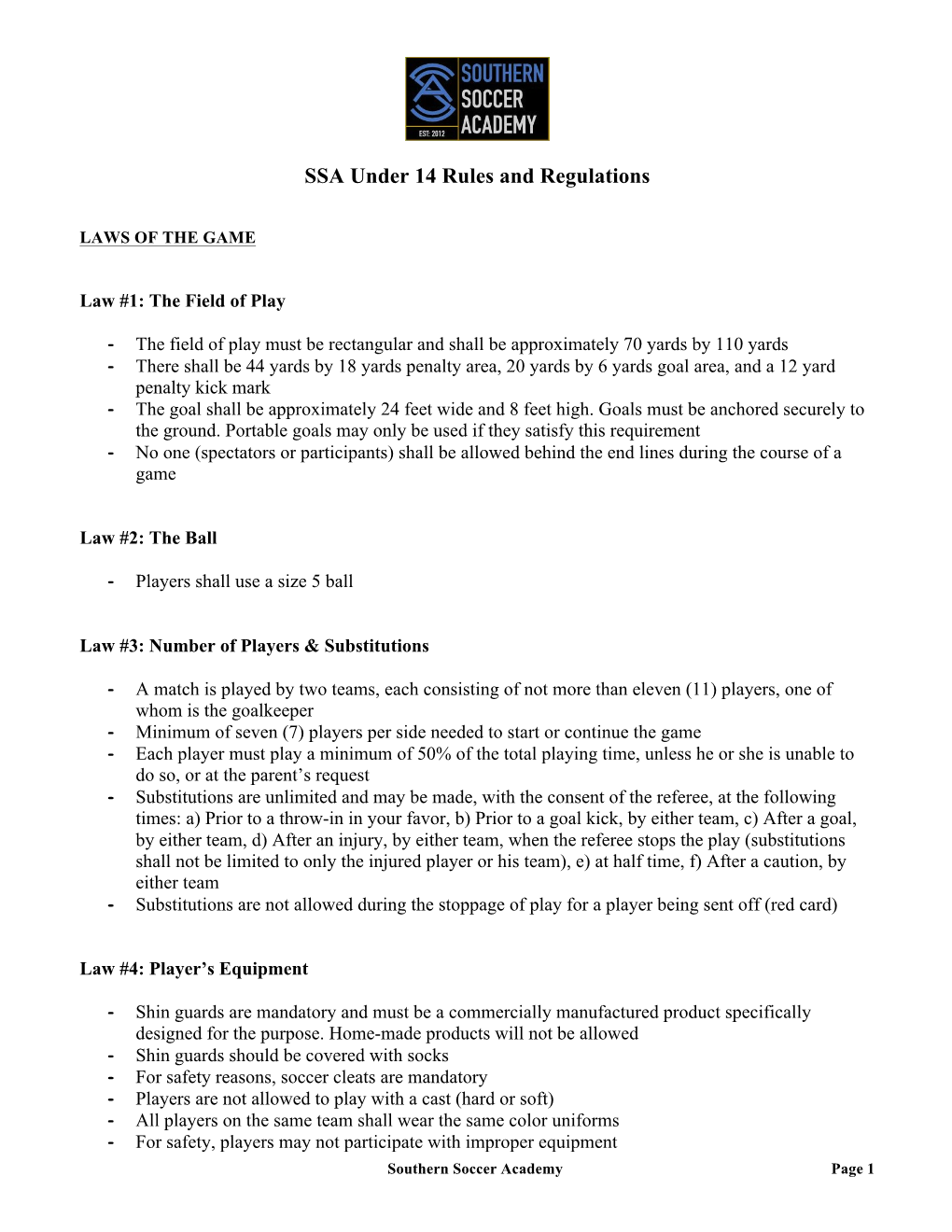 SSA Under 14 Rules and Regulations