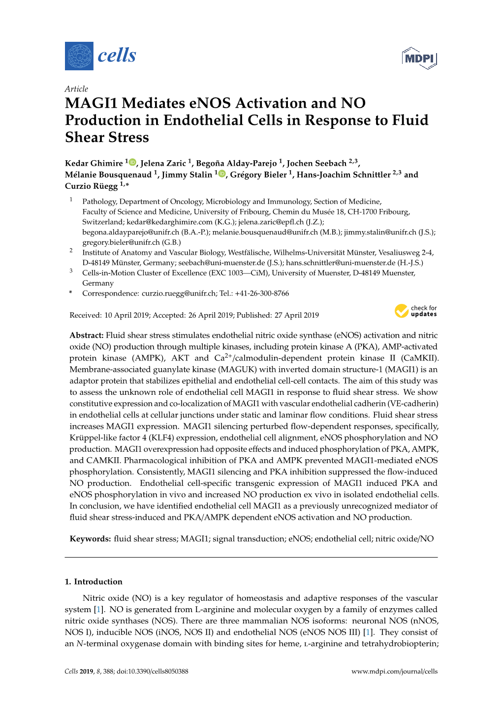 MAGI1 Mediates Enos Activation and NO Production in Endothelial Cells in Response to Fluid Shear Stress