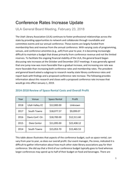 Conference Rates Increase Update ULA General Board Meeting, February 23, 2018