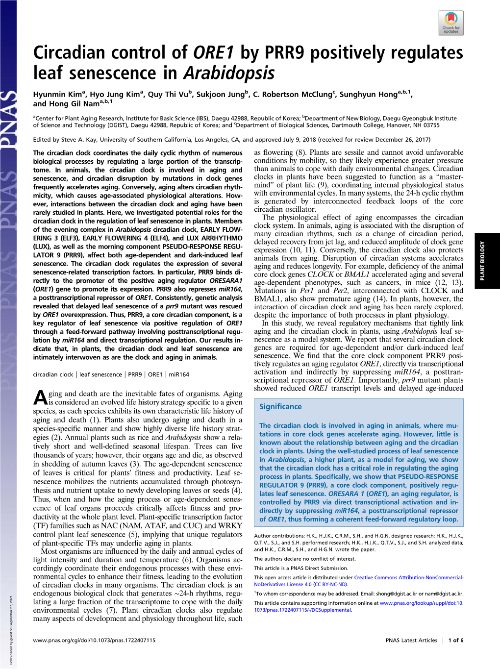 Circadian Control of ORE1 by PRR9 Positively Regulates Leaf Senescence in Arabidopsis