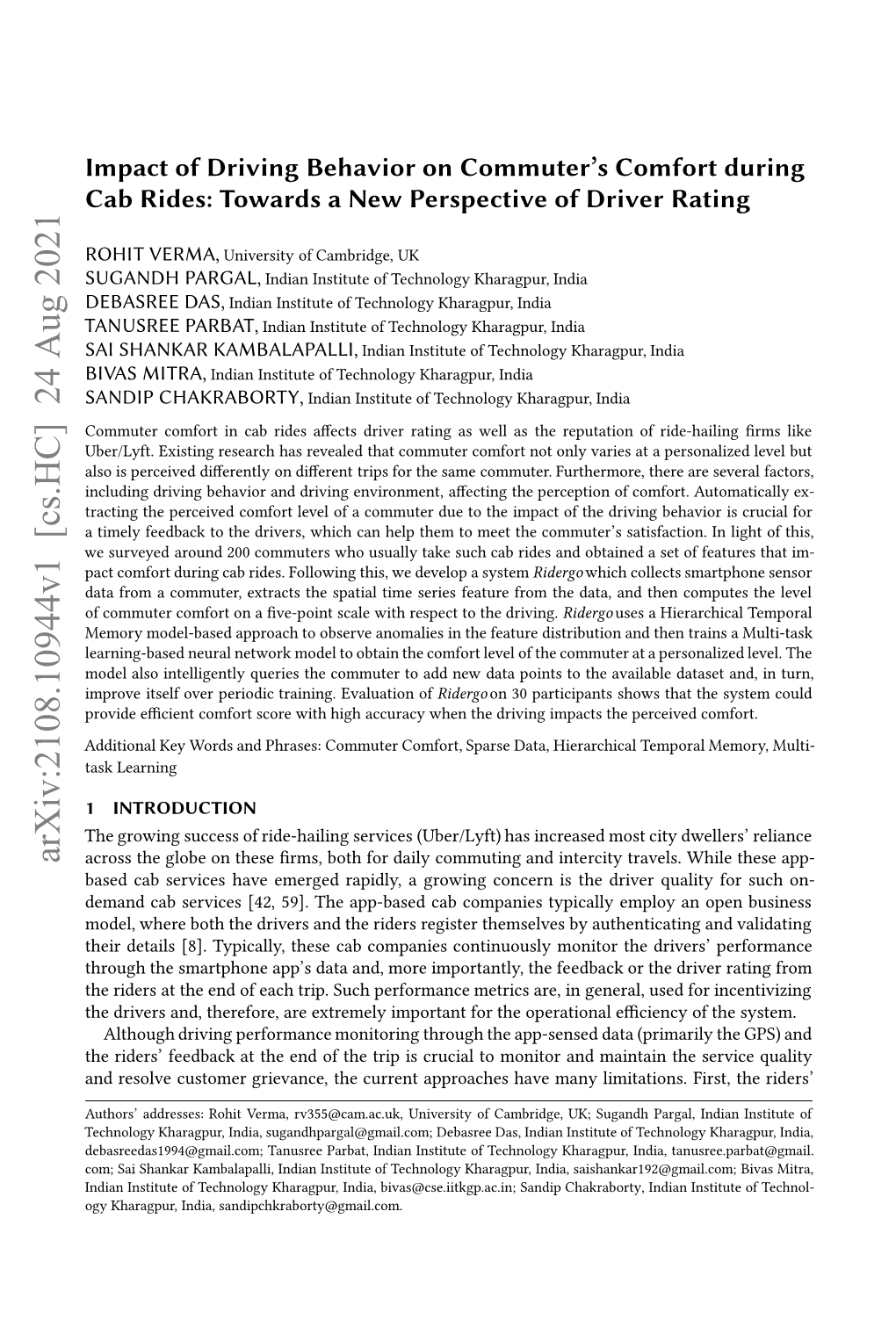 Impact of Driving Behavior on Commuter's Comfort During Cab