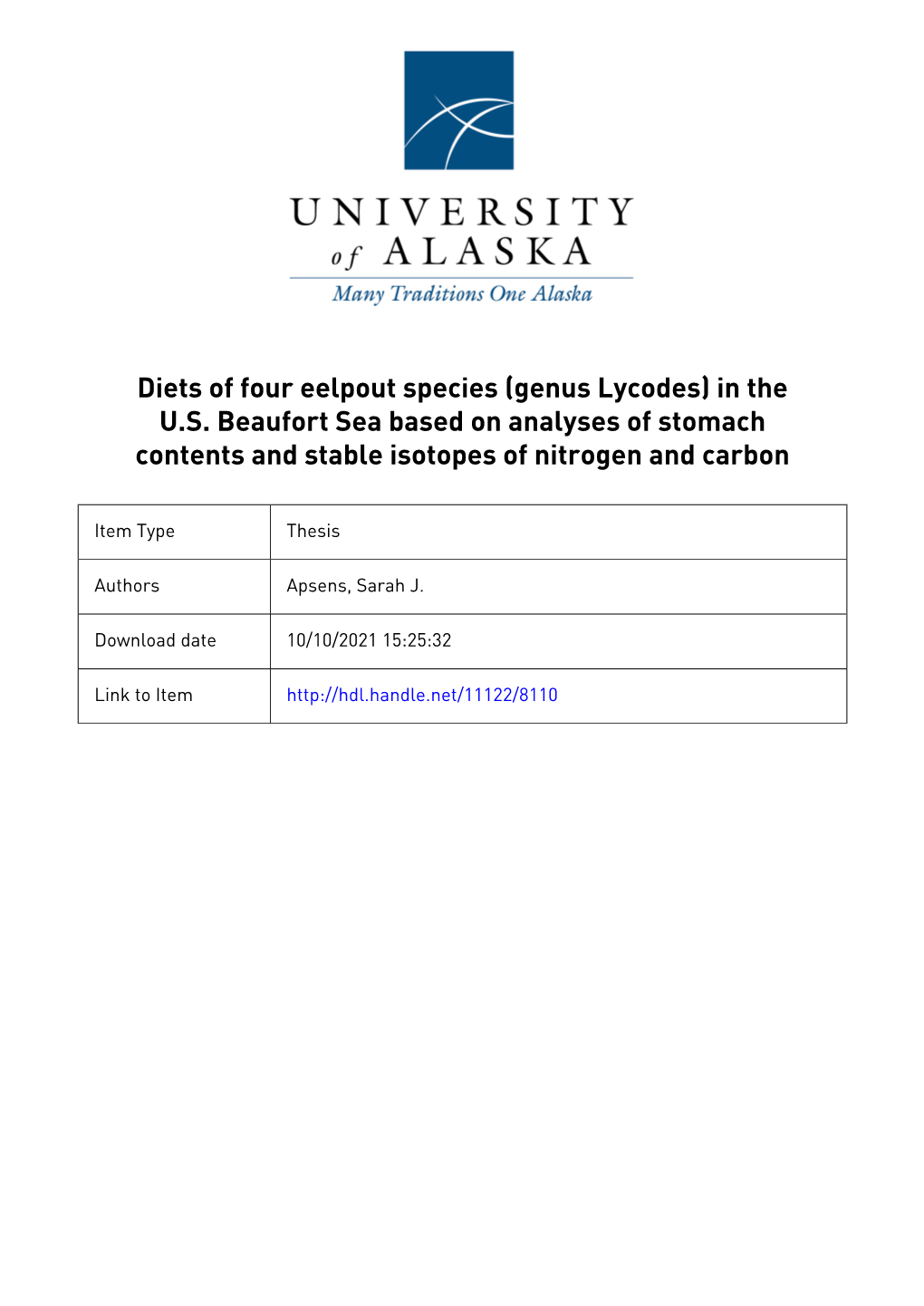 Diets of Four Eelpout Species (Genus Lycodes) in the U.S. Beaufort Sea Based on Analyses of Stomach Contents and Stable Isotopes of Nitrogen and Carbon