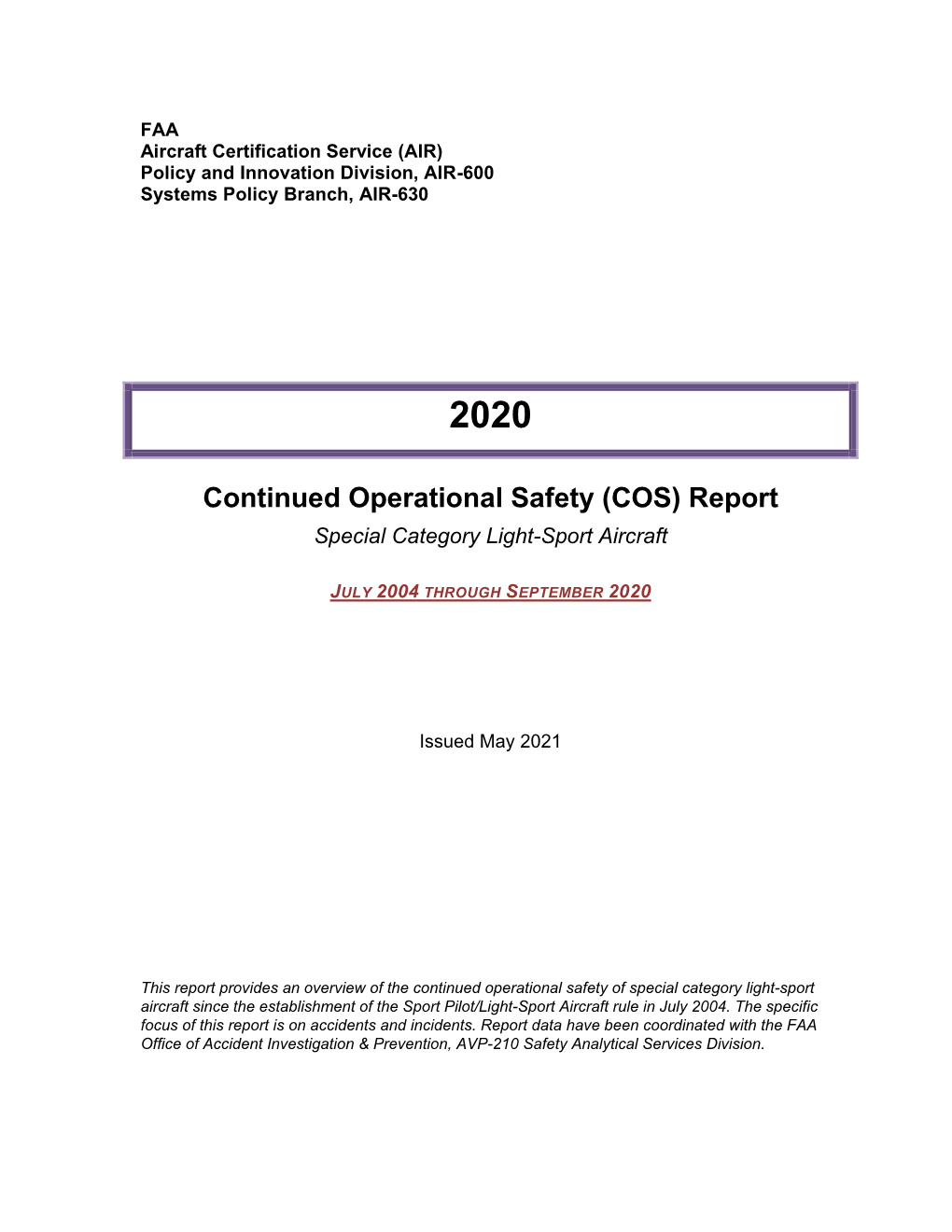 2020 SLSA Continued Operational Safety (COS) Report