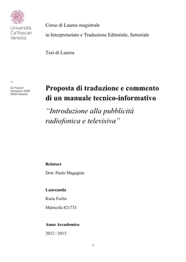 Proposta Di Traduzione E Commento Di Un Manuale Tecnico-Informativo “Introduzione Alla Pubblicità Radiofonica E Televisiva”