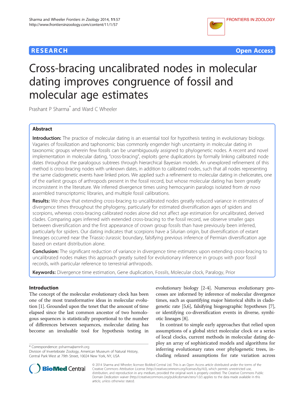 Cross-Bracing Uncalibrated Nodes in Molecular Dating Improves Congruence of Fossil and Molecular Age Estimates Prashant P Sharma* and Ward C Wheeler