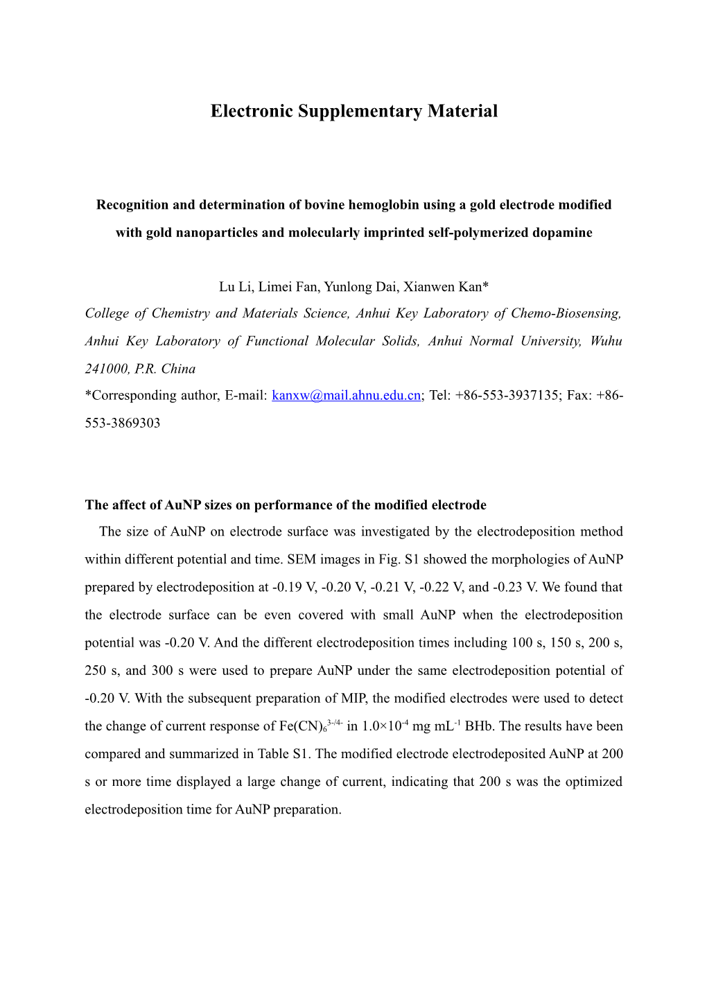 Recognition and Determination of Bovine Hemoglobin Using a Gold Electrode Modified With