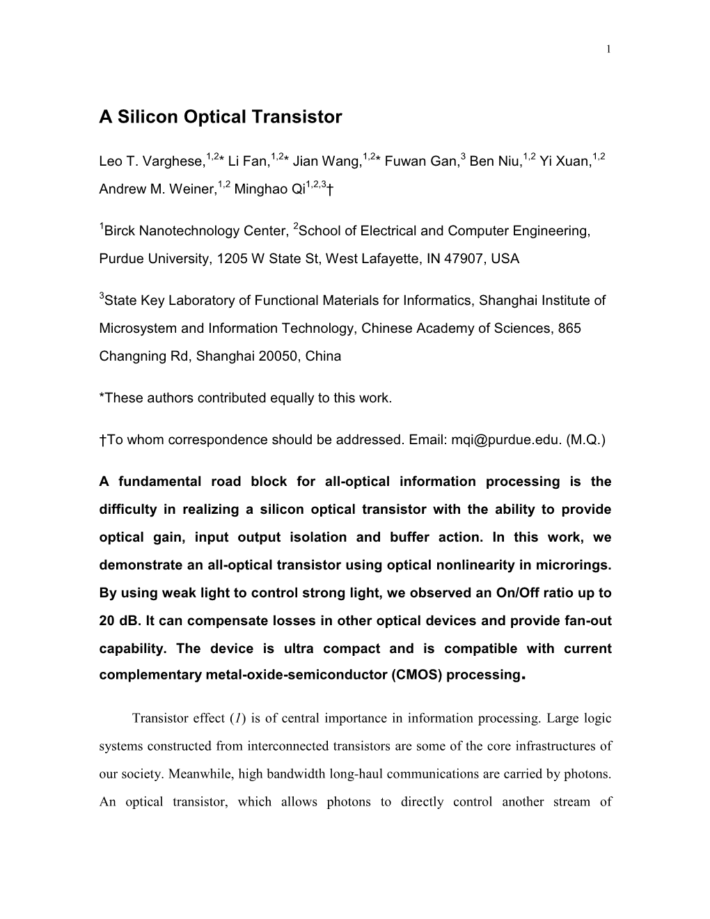 A Silicon Optical Transistor