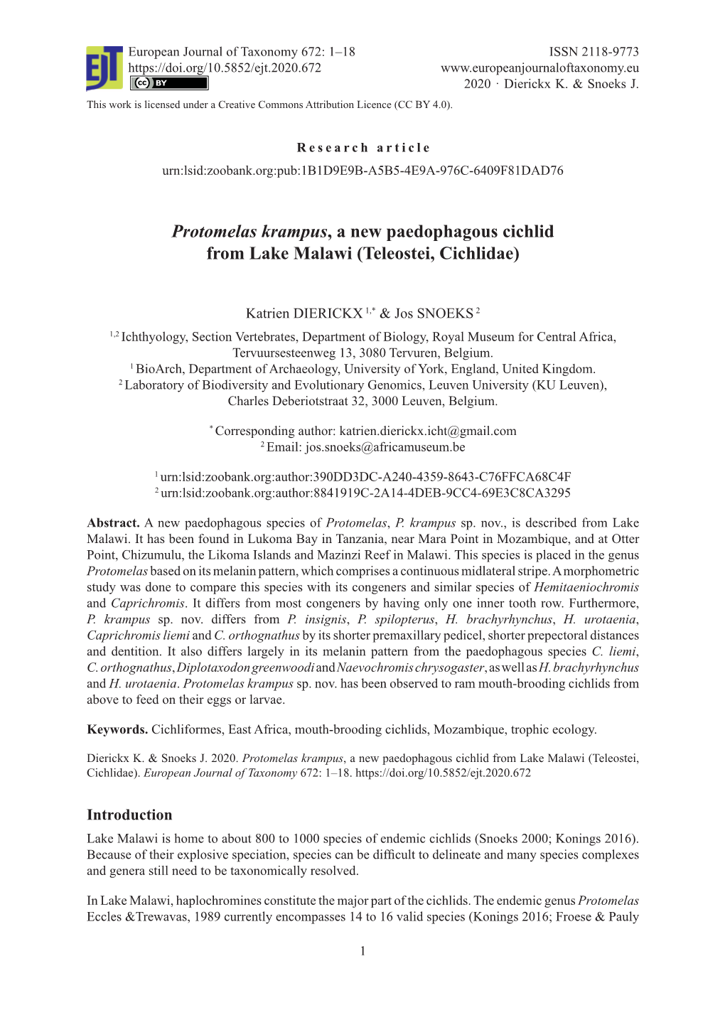 Protomelas Krampus, a New Paedophagous Cichlid from Lake Malawi (Teleostei, Cichlidae)