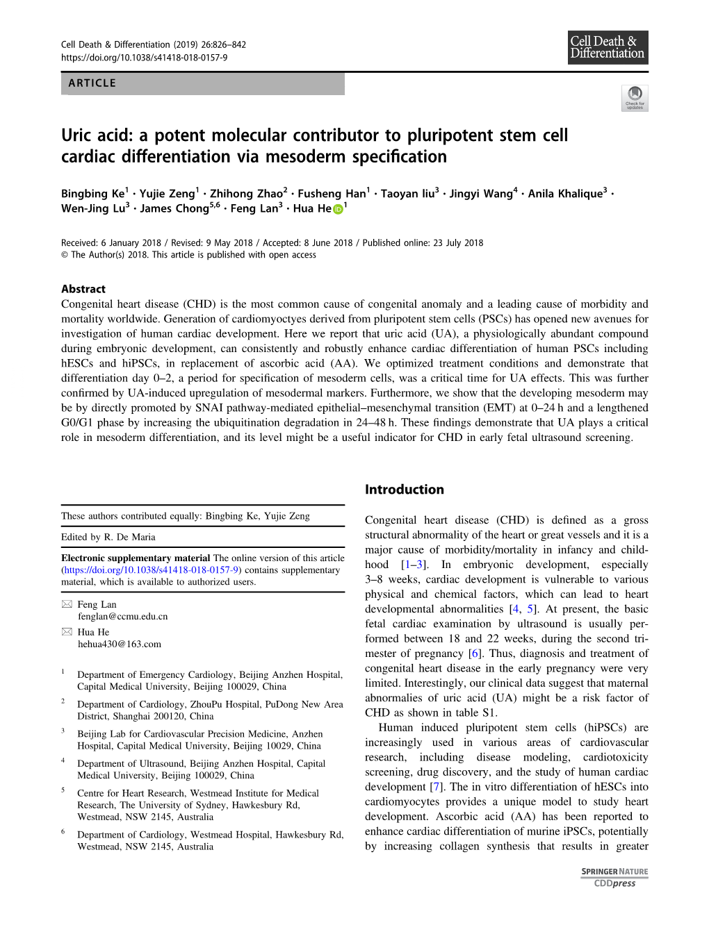 Uric Acid: a Potent Molecular Contributor to Pluripotent Stem Cell Cardiac Differentiation Via Mesoderm Speciﬁcation