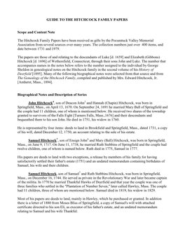 GUIDE to the HITCHCOCK FAMILY PAPERS Scope and Content Note the Hitchcock Family Papers Have Been Received As Gifts by the Pocum