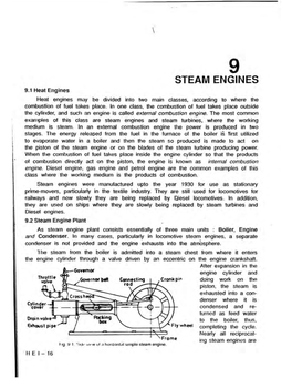 STEAM ENGINES 9.1 Heat Engines Heat Engines May Be Divided Into Two Main Classes, According to Where the Combustion of Fuel Takes Place