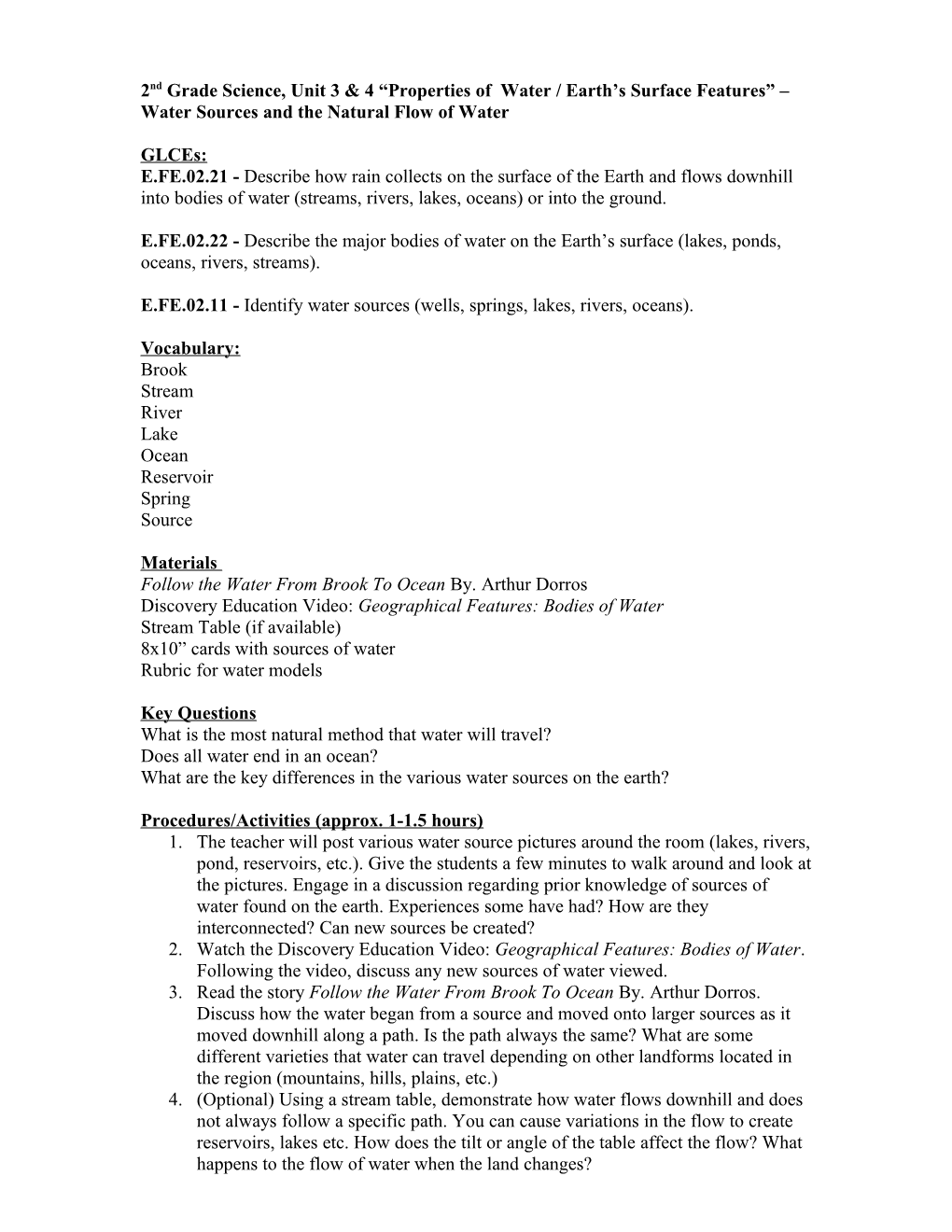 2Nd Grade Science, Unit 3 & 4 Properties of Water / Earth S Surface Features Water Sources