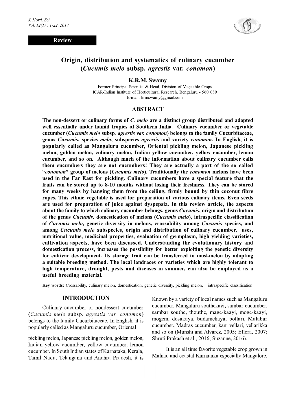 Origin, Distribution and Systematics of Culinary Cucumber (Cucumis Melo Subsp