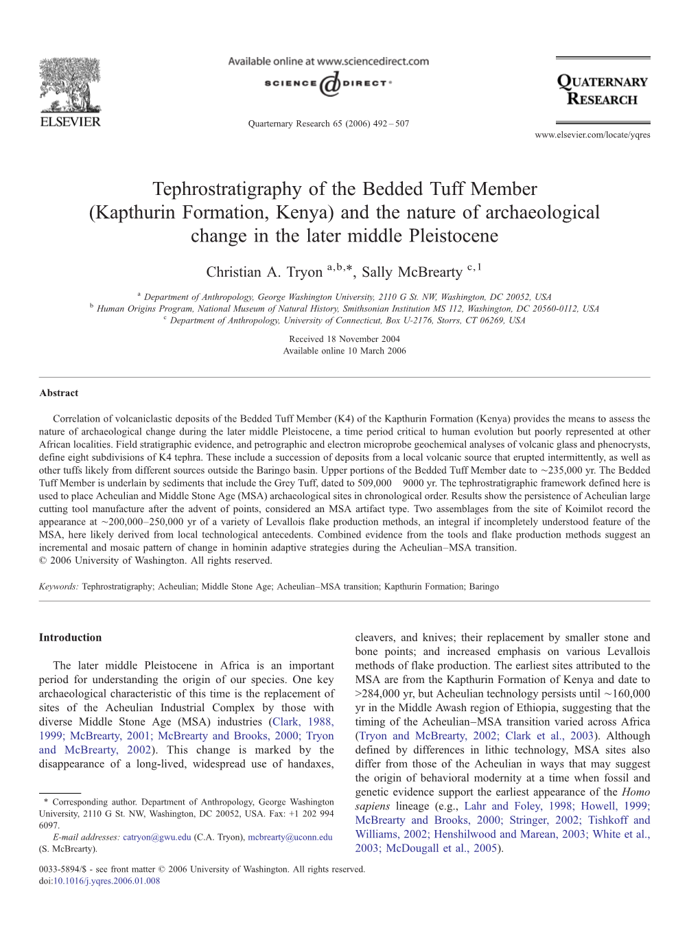 Tephrostratigraphy of the Bedded Tuff Member (Kapthurin Formation, Kenya) and the Nature of Archaeological Change in the Later Middle Pleistocene ⁎ Christian A