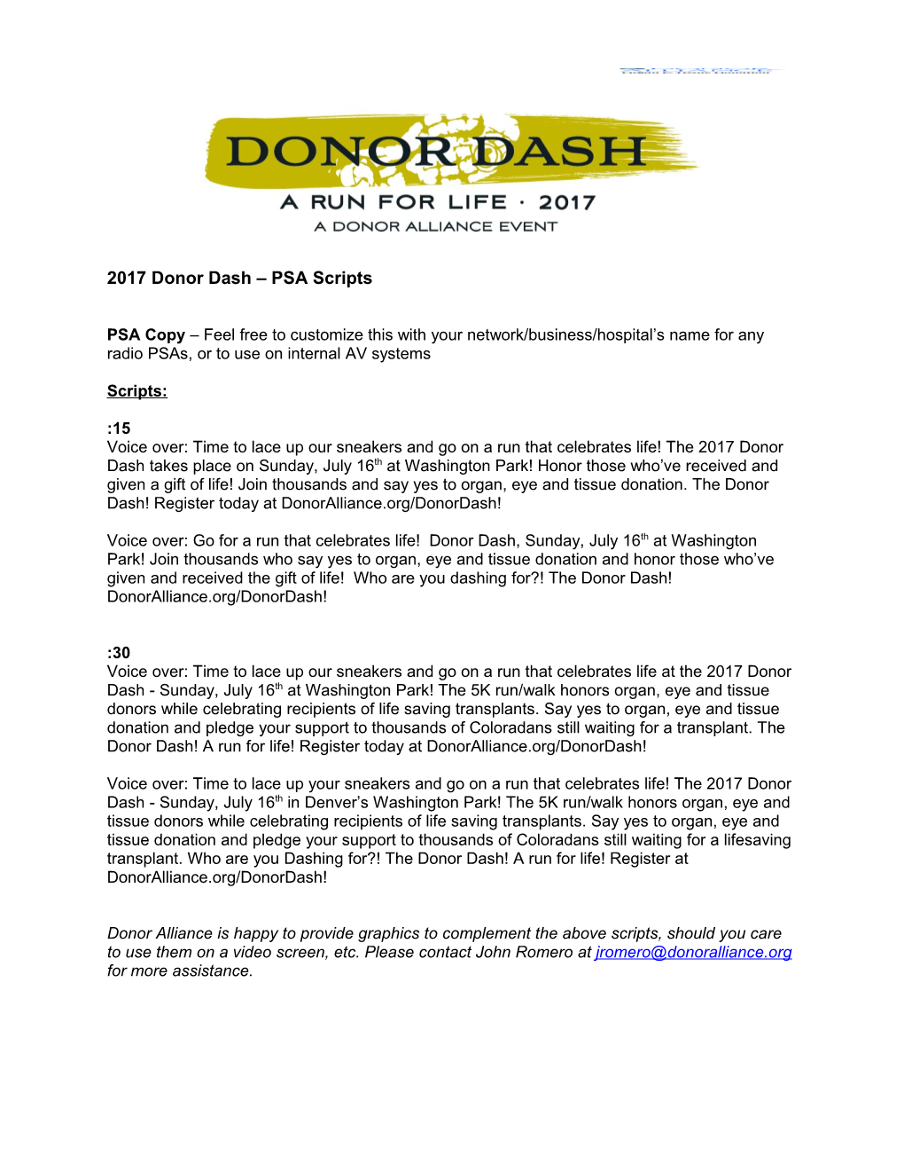 2017 Donor Dash PSA Scripts