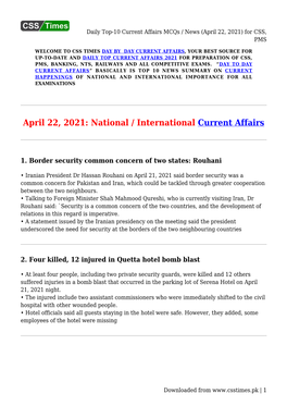 Daily Top-10 Current Affairs Mcqs / News (April 22, 2021) for CSS, PMS